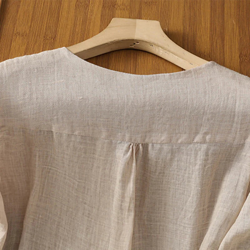Buddha Stones Casual Embroidery Single Breasted Button Polyester Half Sleeve Women's V-neck Shirt