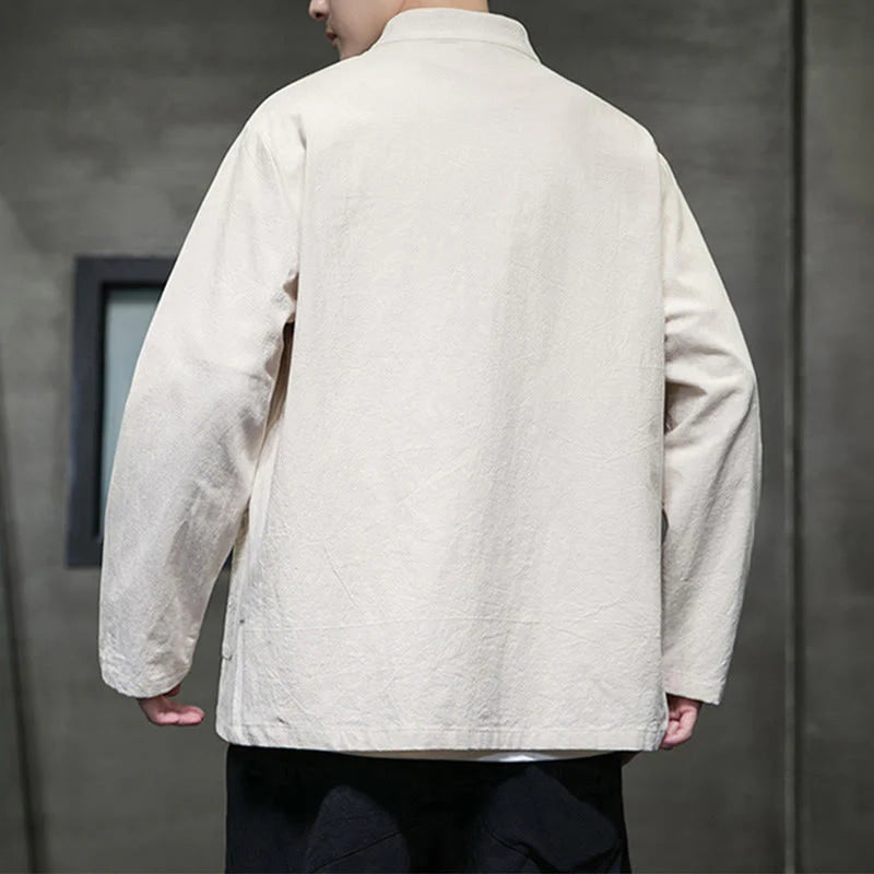 Buddha Stones Solid Color Frog-button Tang Suit Cotton Linen Men's Jacket Shirt With Pockets