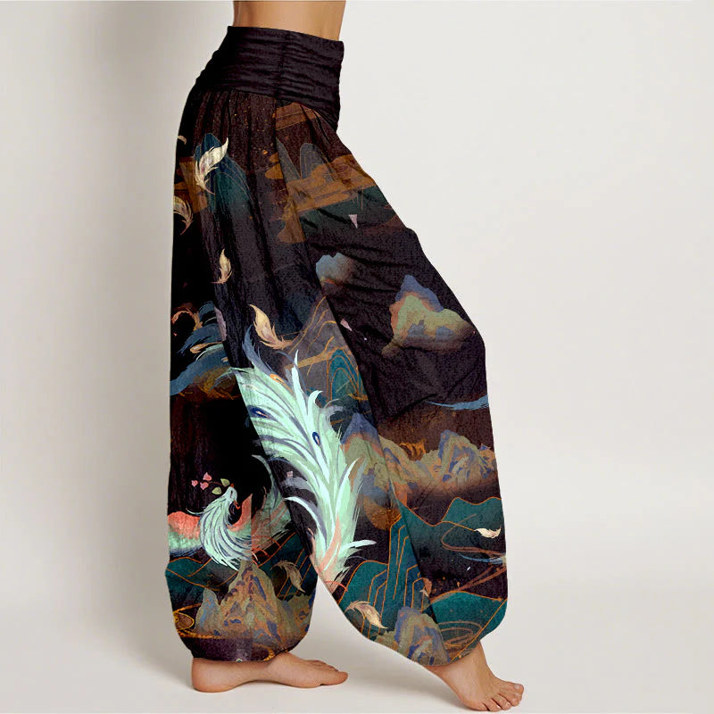 Buddha Stones Pure Cotton Gorgeous Phoenix Mountain Cloud Pattern Women's Elastic Waist Harem Pants