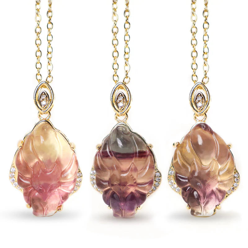 Buddha Stones Natural Colorful Fluorite Nine Tailed Fox Protection Necklace Pendant