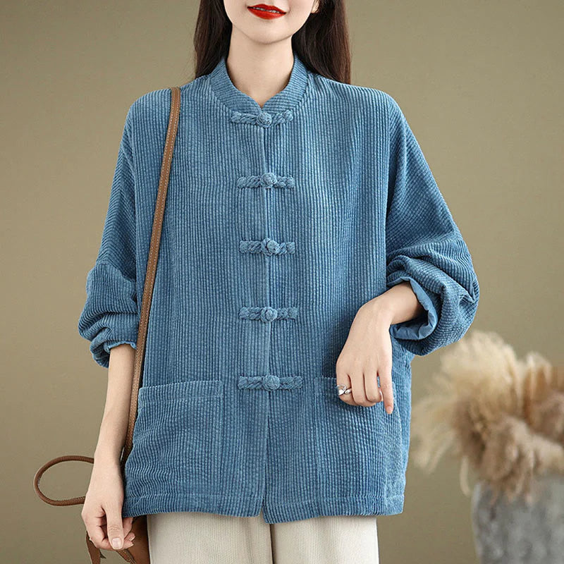 Buddha Stones Frog-button Stand Collar Women's Corduroy Jacket