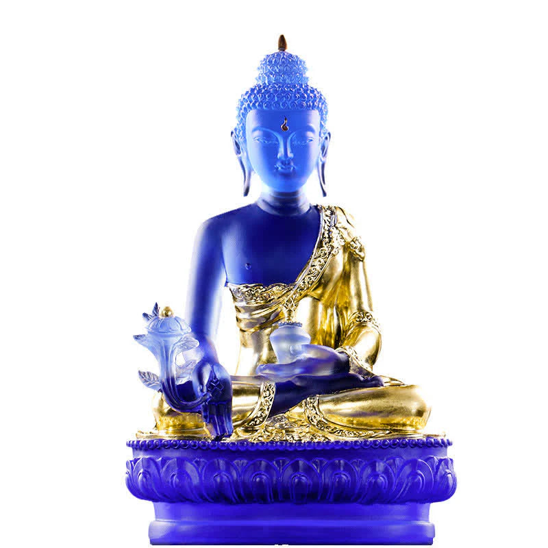 Buddha Stones Medicine Buddha Handmade Liuli Crystal Art Piece Compassion Statue Home Office Offering Decoration