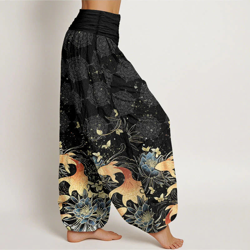 Buddha Stones Cotton Butterfly Koi Fish Lotus Pattern Women's Elastic Waist Harem Pants