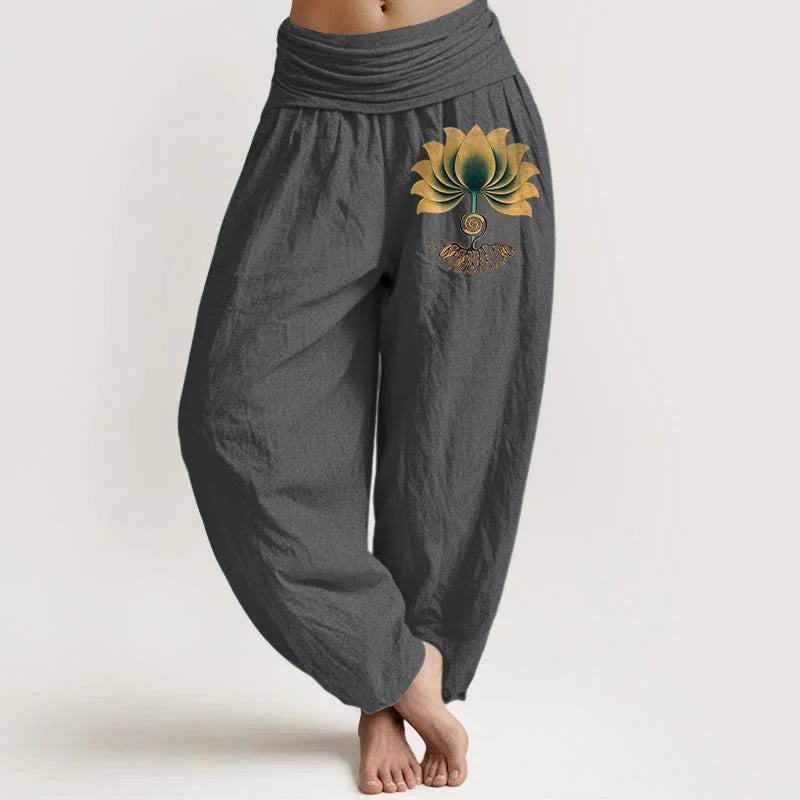 Buddha Stones Pure Cotton Harmonious Color Scheme Lotus Pattern Women's Elastic Waist Harem Pants