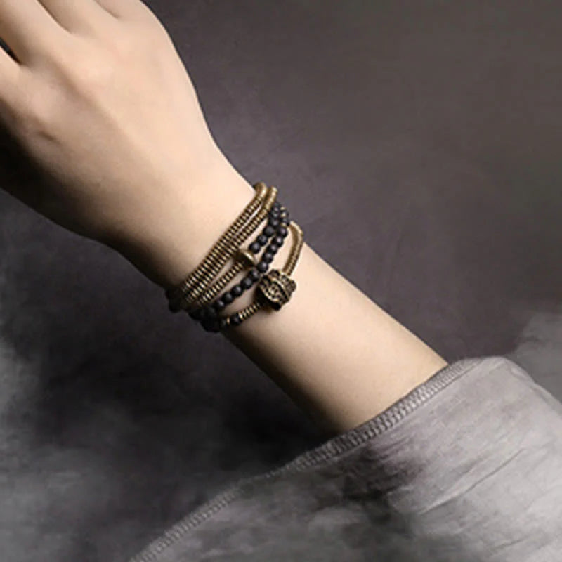 Buddha Stones Vintage Lava Rock Brass Copper Healing Multilayered Bracelet