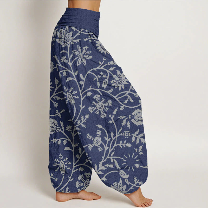 Buddha Stones Cotton Casual Floral Branches Flowing Vines Pattern Women's Elastic Waist Harem Pants