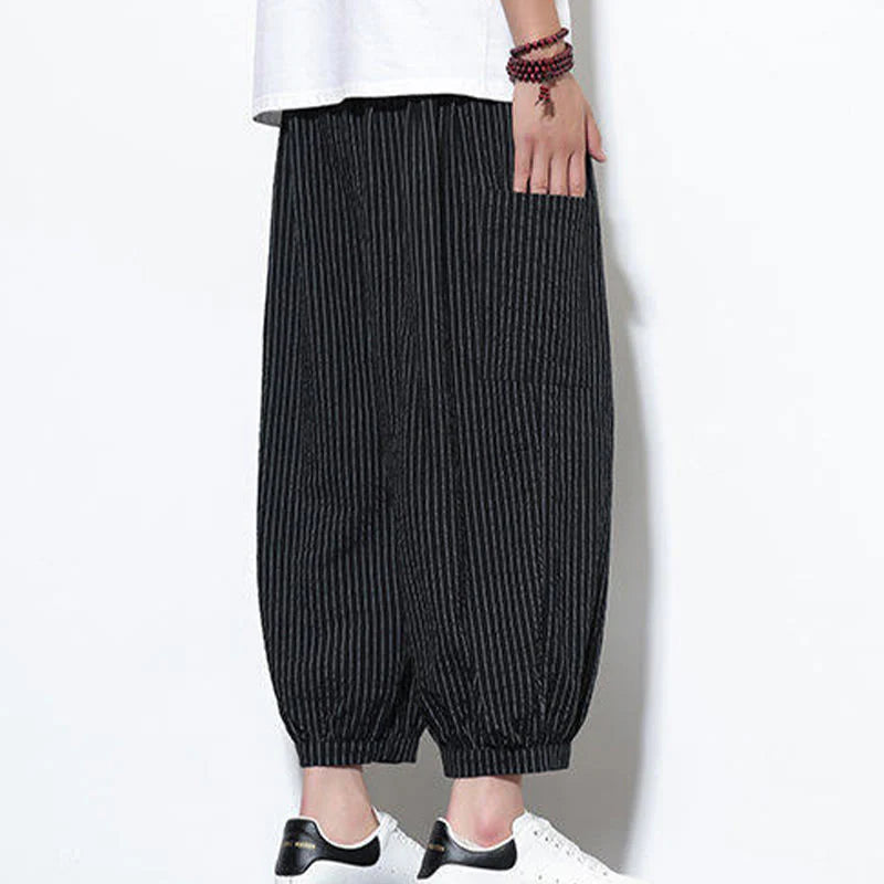 Buddha Stones Casual Striped Men's Cotton 7-8 Length Harem Pants With Pockets