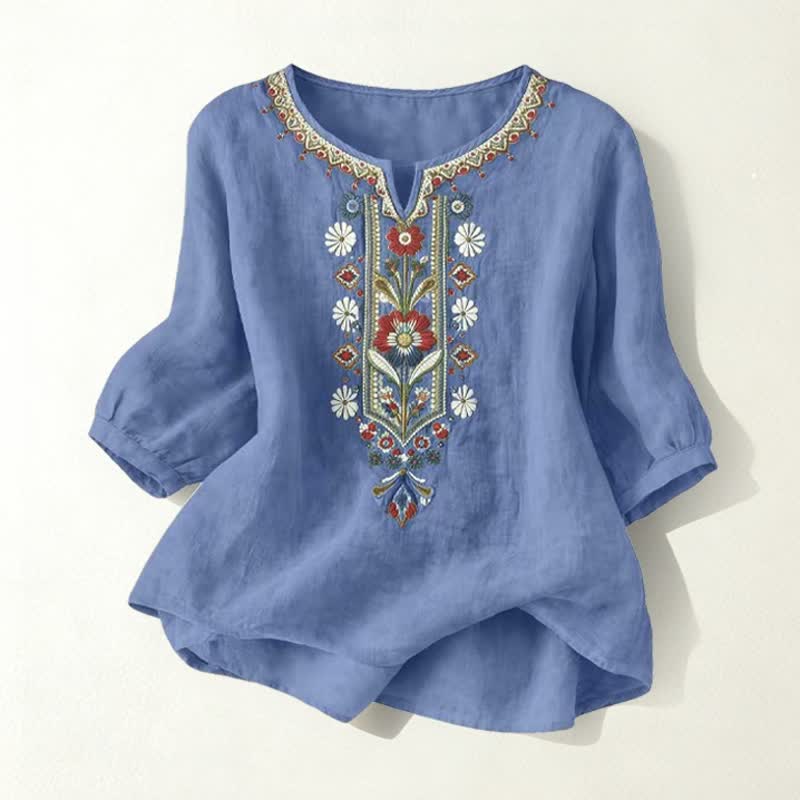 Buddha Stones Spring Boho Embroidered Cotton Linen Elbow-Length Sleeve Women's T-Shirts