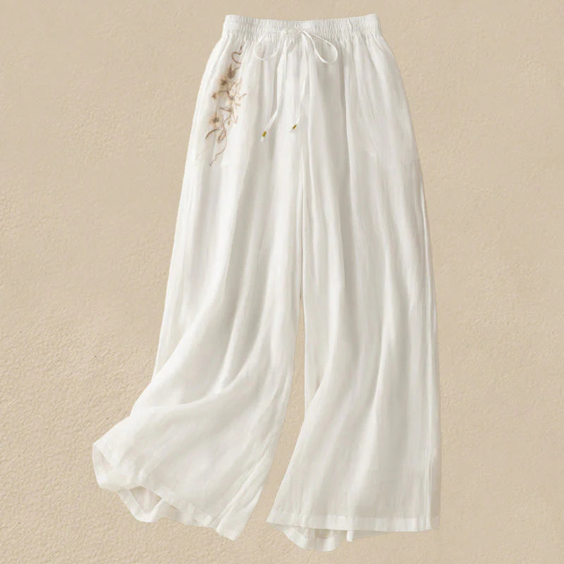 Buddha Stones Commute Embroidery Drawstring Women's Cotton Wide Leg Pants With Pockets