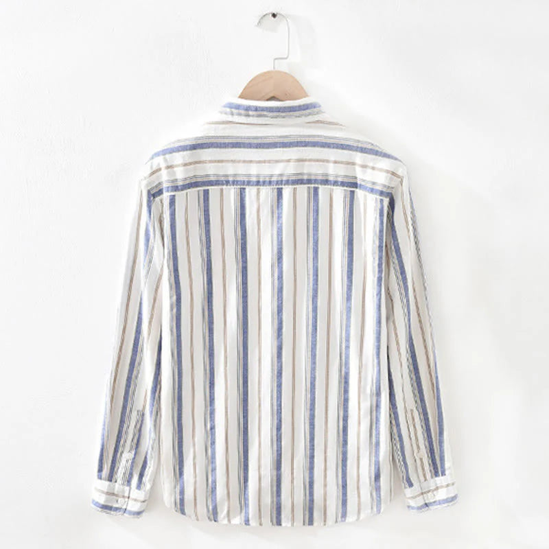 Buddha Stones Fall Stripe Decorative Pocket Buttons Down Long Sleeve Three Quarter Sleeve Short Sleeve Men's Cotton Shirt