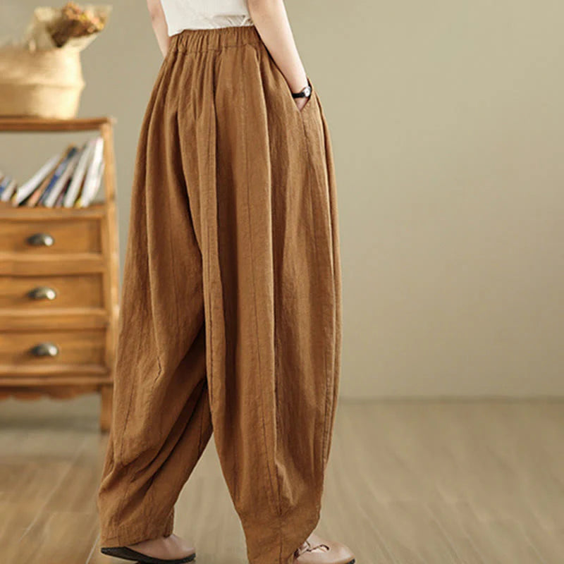 Buddha Stones Vintage Patchwork Lantern Design Cotton Linen Women's Wide Leg Pants With Pockets