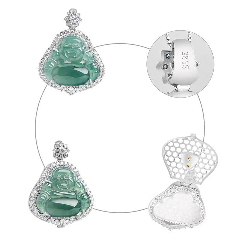 Buddha Stones Laughing Buddha Natural Jade Luck Abundance Titanium Steel Chain Necklace Pendant