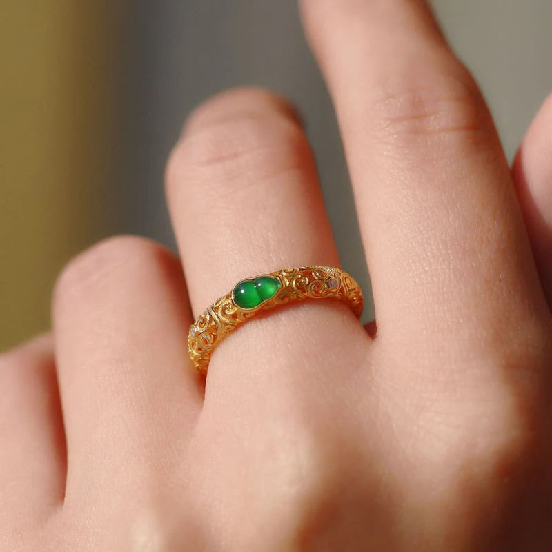 Buddha Stones Vintage Gourd Green Chalcedony Copper Alloy Wealth Ring