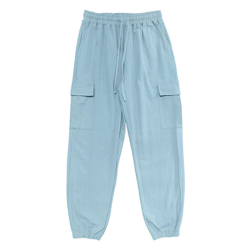 Buddha Stones Solid Color Linen Drawstring Men's Cargo Pants With Pockets