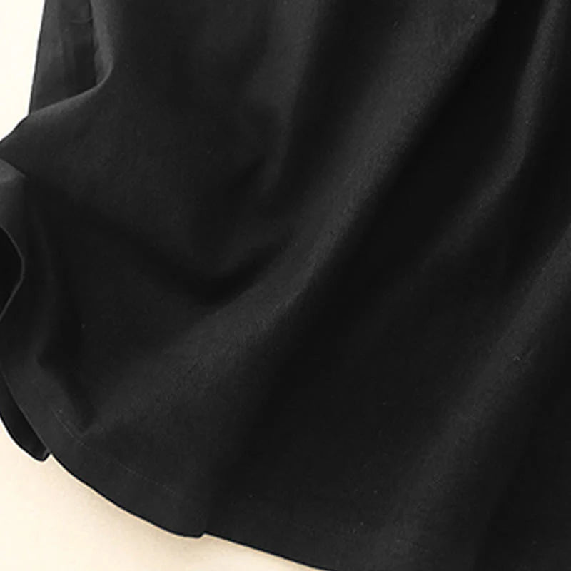 Buddha Stones Vintage Plain Drawstring Button Design Slide Slite Women's Cotton Linen 7-8 Length Skirt With Pockets