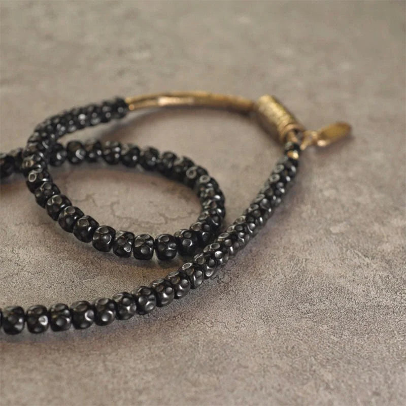 Buddha Stones Retro Coconut Shell Brass Copper Happiness Triple Wrap Bracelet