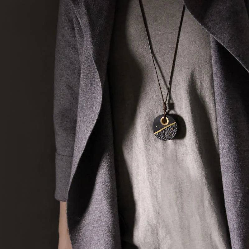 Buddha Stones Handcrafted Round Ebony Wood Brass Copper Peace Necklace Pendant