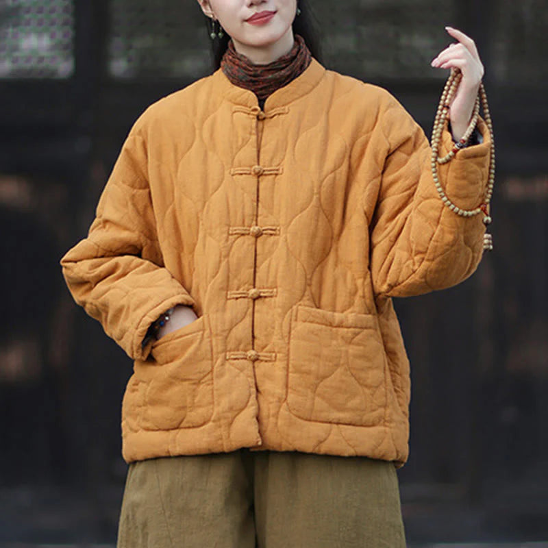 Buddha Stones Winter Curved Lines Frog-Button Ramie Cotton Long Sleeve Women's Thermal Jacket With Pockets