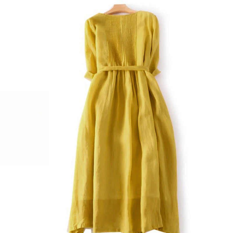 Buddha Stones Casual Lace-up Plain Crew Neck Half Sleeve Midi Dress With Pockets