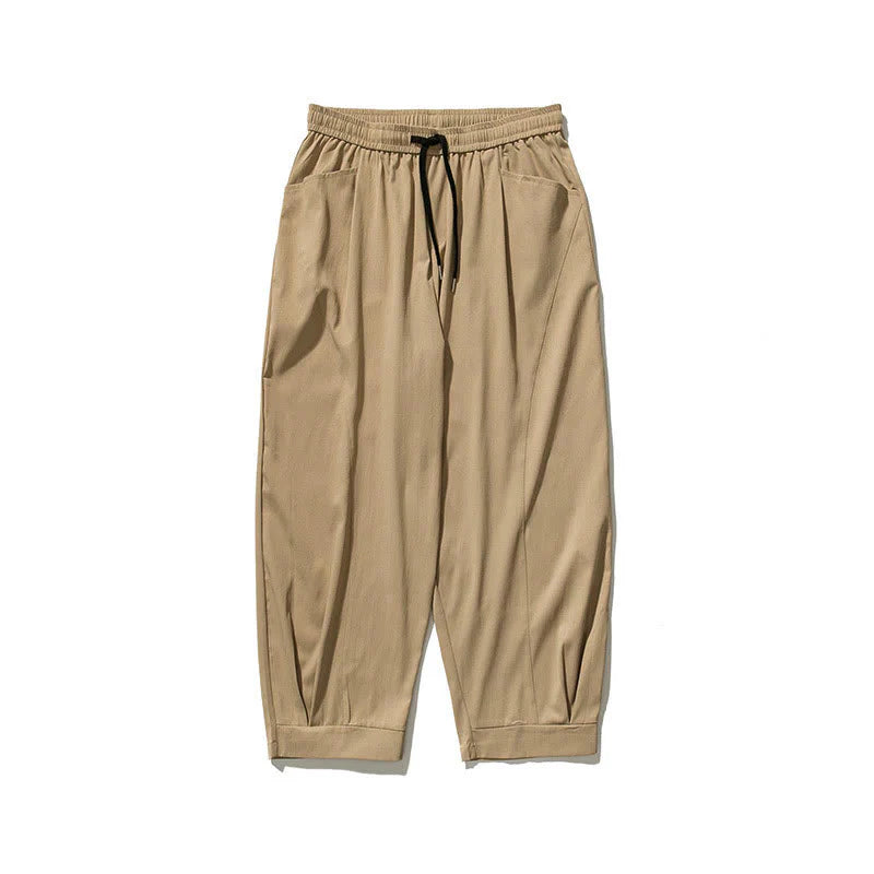 Buddha Stones Summer Solid Drawstring Ankle-Length Men's Cargo Harem Pants With Pockets