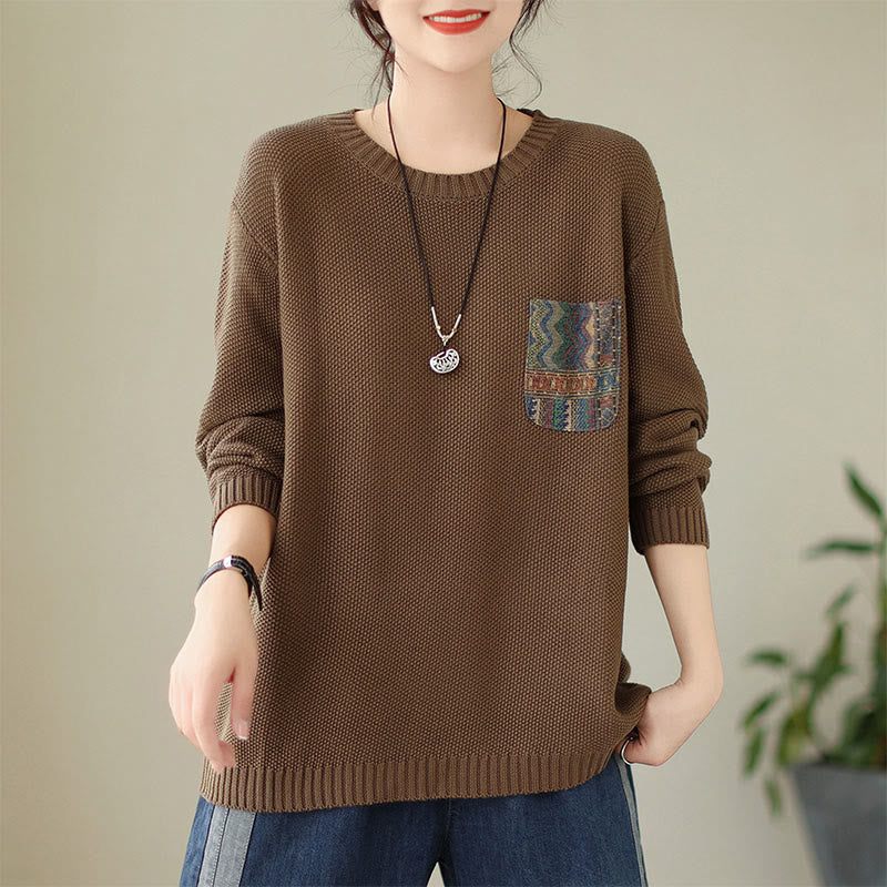 Buddha Stones Fall Floral Decorative Pocket Pattern Knitted Cotton Women's Long Sleeve Sweater