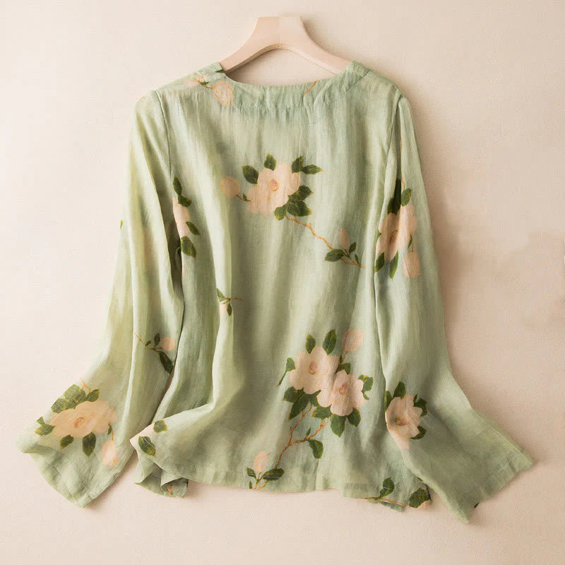 Buddha Stones Lightgreen Casual Artistic Printing Flower Pattern Chinese Frog-Button Design Women's Cotton Linen Long Sleeve Shirt Cardigan