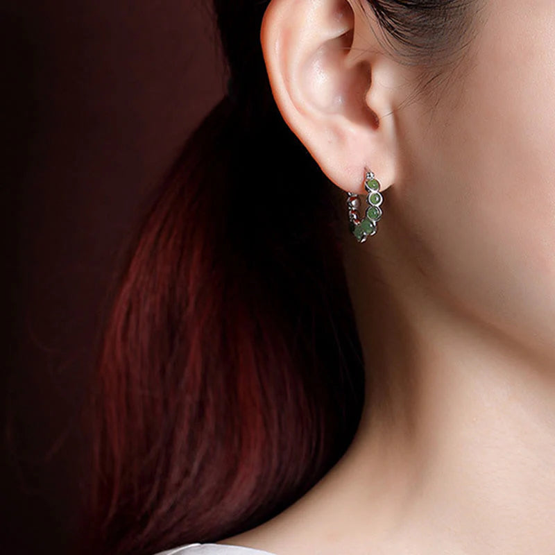 Buddha Stones 925 Sterling Silver Plated Gold Hetian Cyan Jade Pea Ear Clip Prosperity Earrings  (Extra 30% Off | USE CODE: FS30)