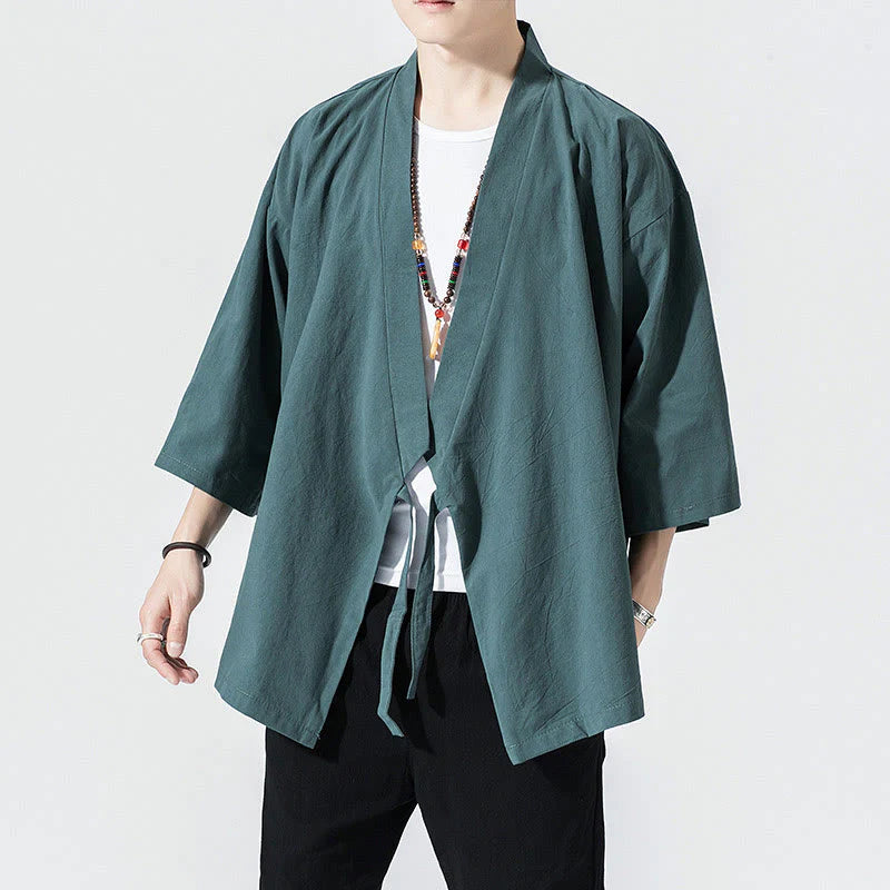 Buddha Stones Tang Suit Open Front Jacket Cotton Linen Men's Three Quarter Sleeve Kimono