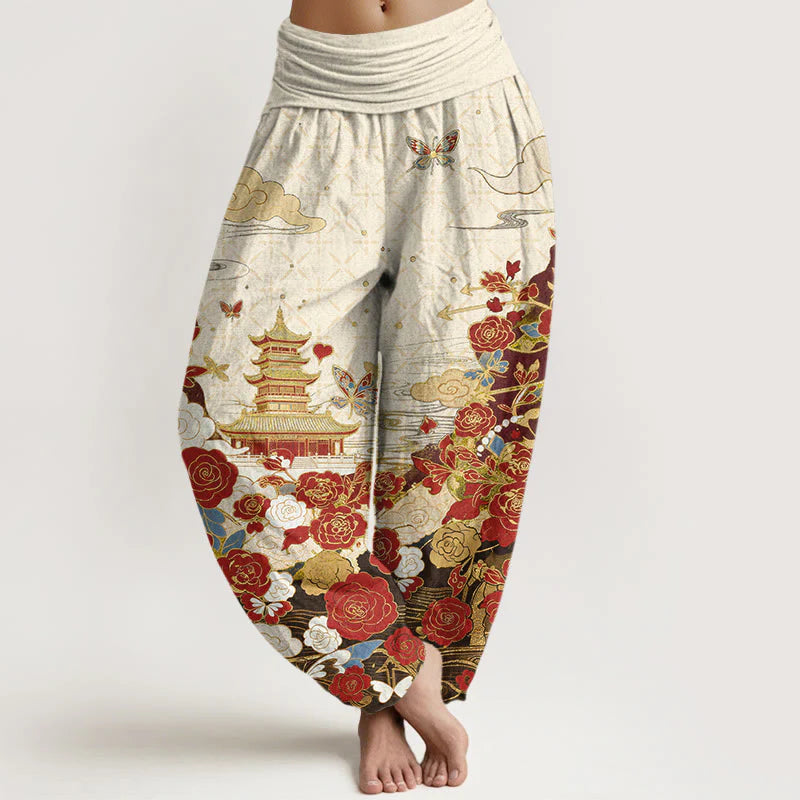 Buddha Stones Cotton Butterfly Rose Pagoda Heart Pattern Women's Elastic Waist Harem Pants