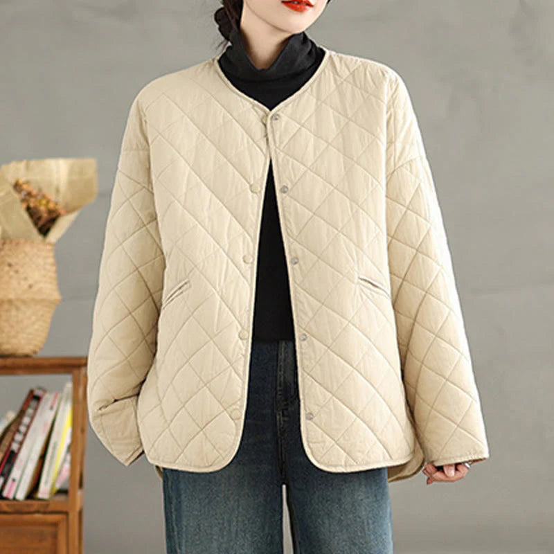 Buddha Stones Women's Buttons Design Cotton Thermal Diamond-quilted Long Sleeve Jacket With Pockets