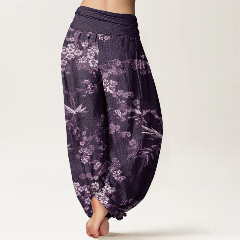 Buddha Stones Cotton White Sakura Flower Pattern Women's Elastic Waist Harem Pants