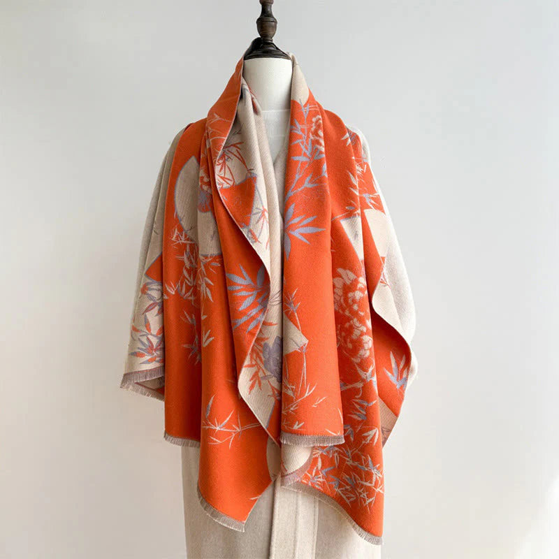 Buddha Stones Winter Fan Bamboo Peony Flowers Pattern Cozy Scarf Shawl