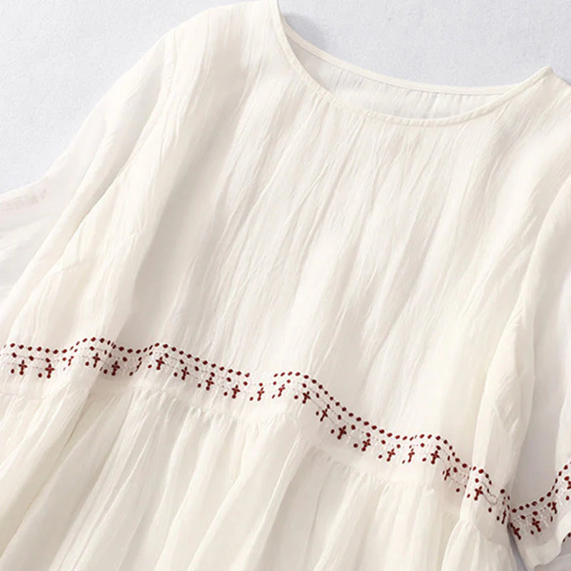 Buddha Stones Solid Color Embroidery Short Sleeve Cotton Midi Dress