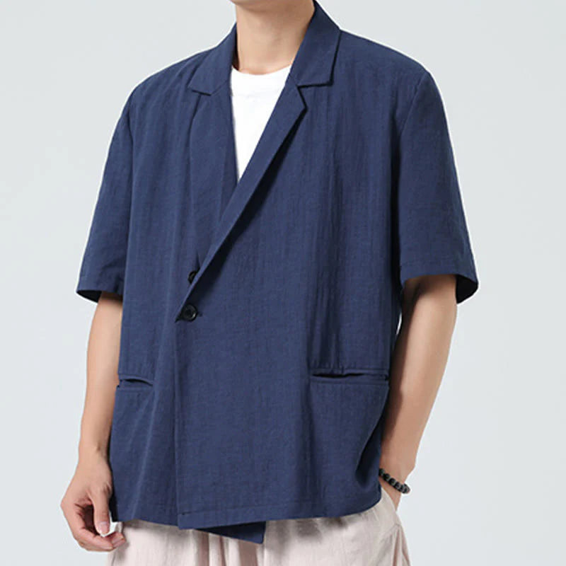 Buddha Stones Spring Plain Asymmetrical Lapel Collar Short Sleeve Men's Cotton Linen Shirt With Pockets