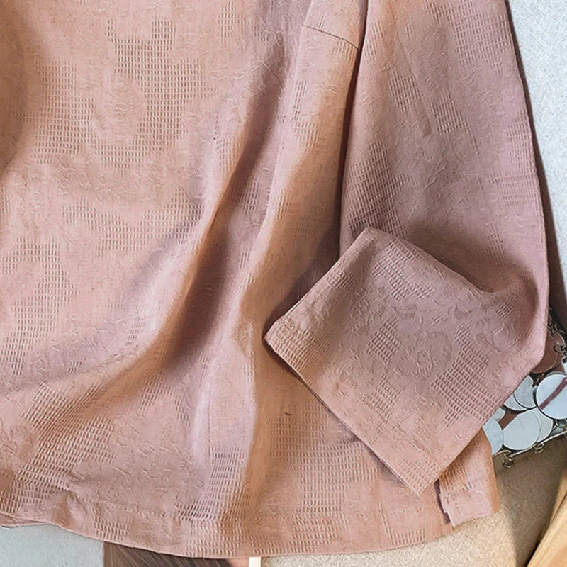 Buddha Stones Commute Jacquard Chinese Frog-Button Mandarin Collar Long Sleeve Women's Cotton Shirt