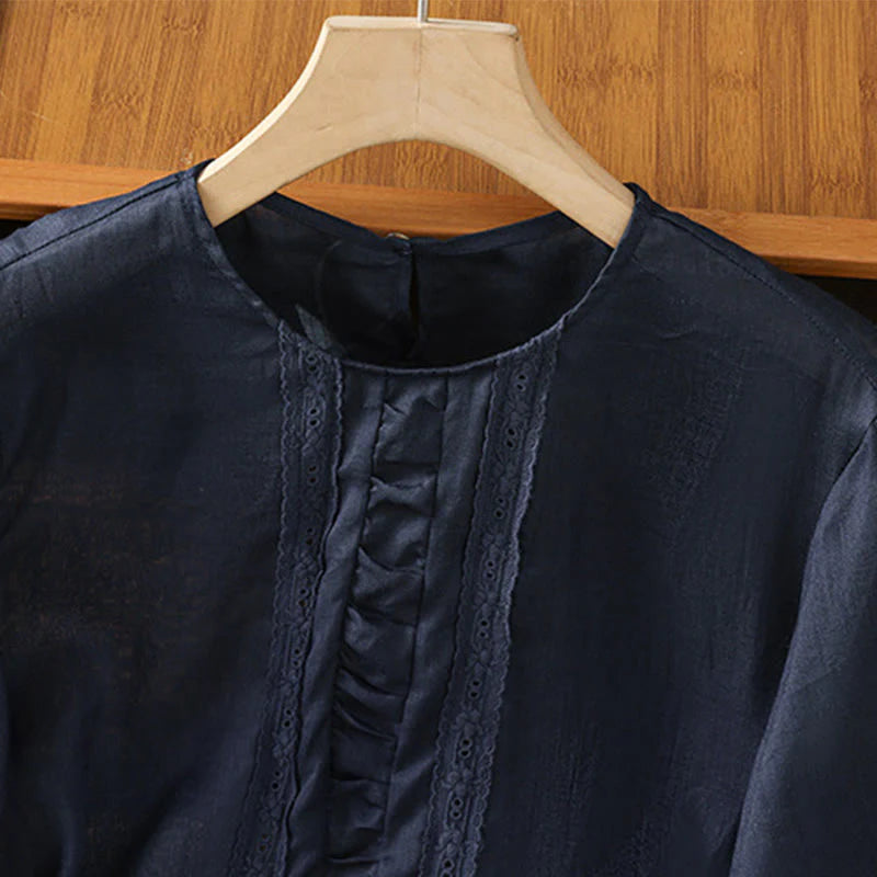 Buddha Stones Casual Pure Color Crew Neck Women's Cotton Linen Three Quarter Sleeve Shirt
