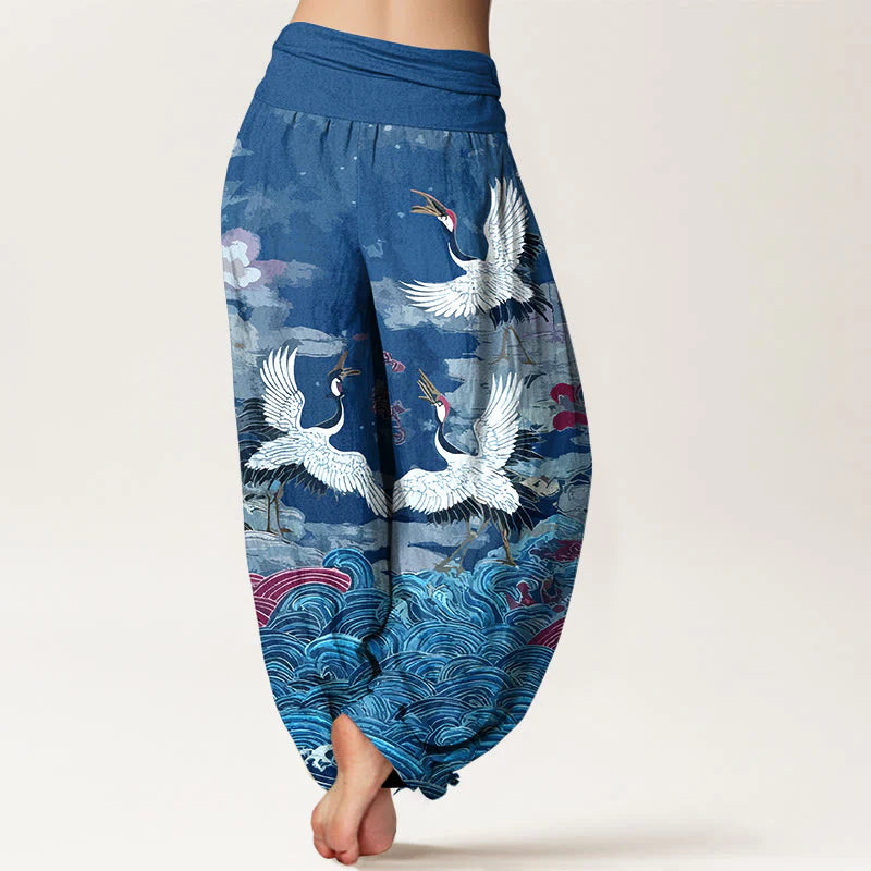 Buddha Stones Cotton Classic Crane Waves Cloud Pattern Women's Elastic Waist Harem Pants