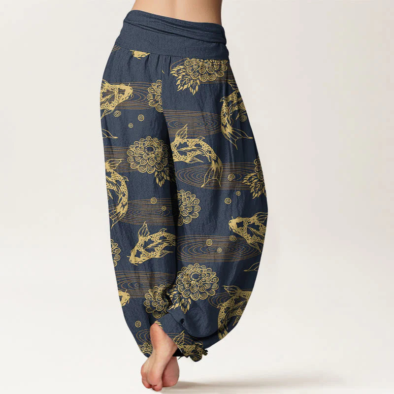 Buddha Stones Cotton Exquisite Koi Fish Flowers Leaves Curve Pattern Women's Elastic Waist Harem Pants