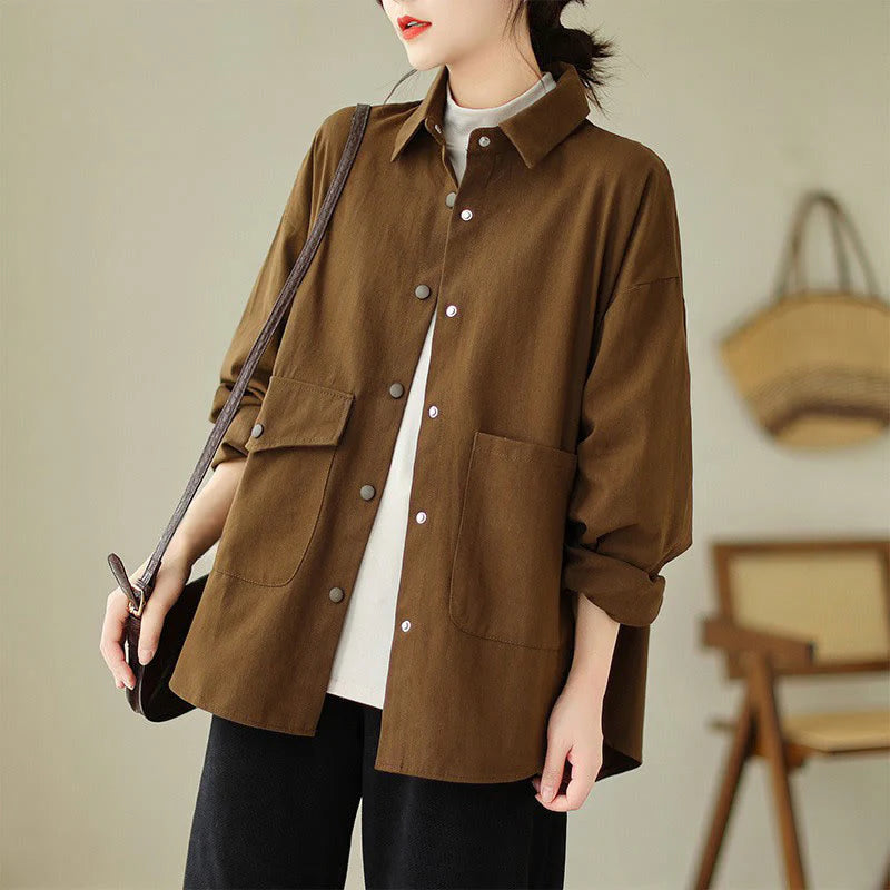 Buddha Stones Vintage Casual Pure Color Lapel Women's Cotton Jacket With Pockets