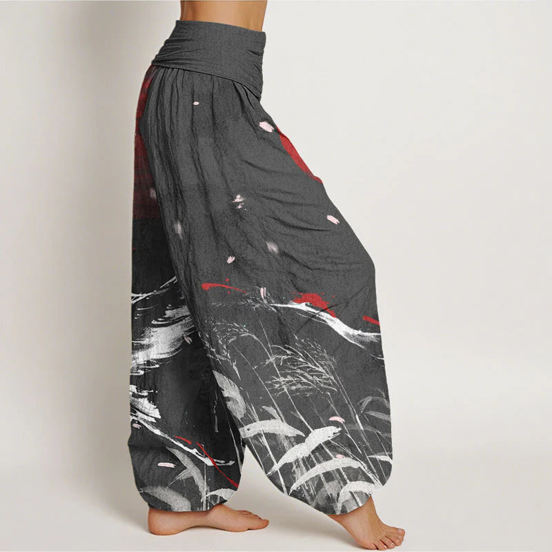 Buddha Stones Cotton Casual Red-crowned Reed Sun Crane Pattern Women's Elastic Waist Harem Pants