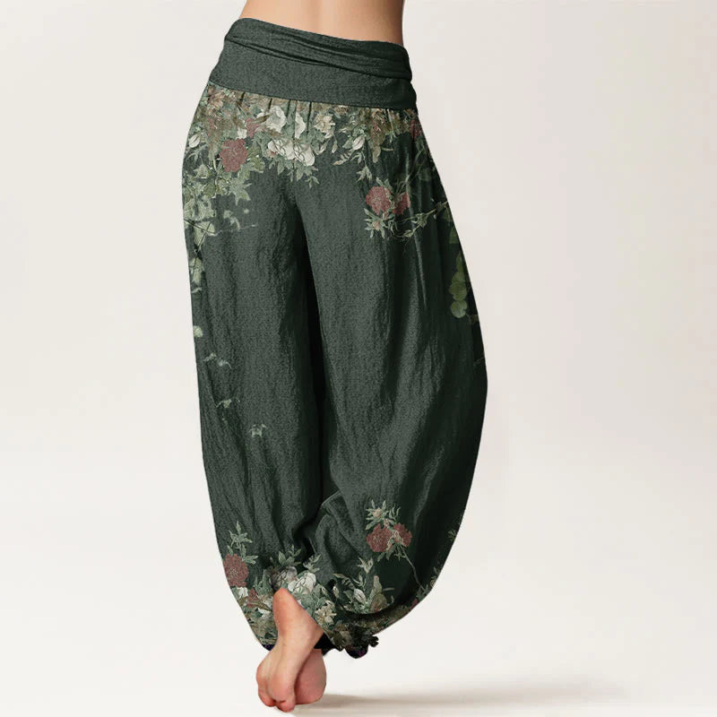 Buddha Stones Cotton Casual Red Peony Flower Vine Design Women's Elastic Waist Harem Pants