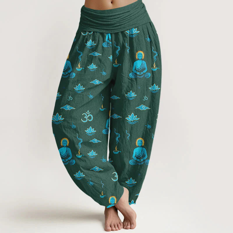 Buddha Stones Cotton Om Symbol Lotus Cloud Buddha Pattern Women's Elastic Waist Harem Pants
