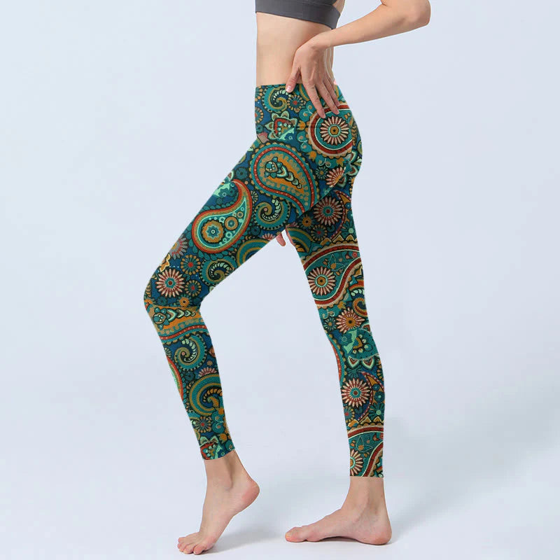 Buddha Stones Retro Paisley Pattern Print Gym Leggings Women's Yoga Pants