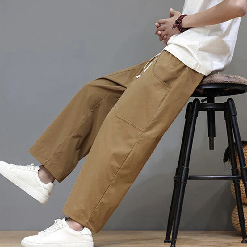 Buddha Stones Summer Solid Color Drawstring Straight Leg 7-8 Length Men's Pants With Pockets