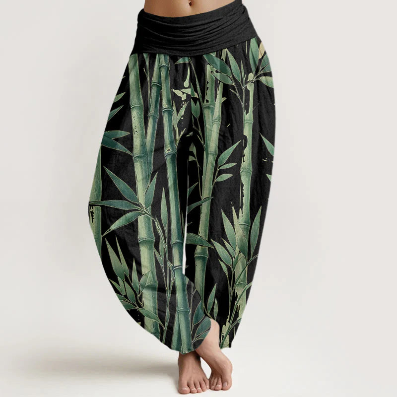 Buddha Stones Cotton Casual Bamboo Leaves Pattern Women's Elastic Waist Harem Pants