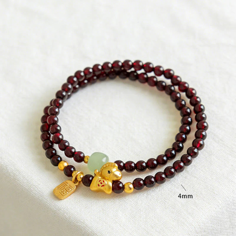 Buddha Stones Year Of The Horse Garnet Jade Fu Character Stability Double Wrap Bracelet