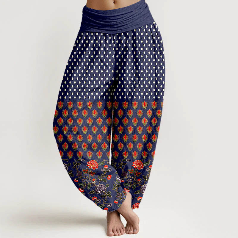 Buddha Stones Cotton Dots Red Purple Flower Pattern Women's Elastic Waist Harem Pants