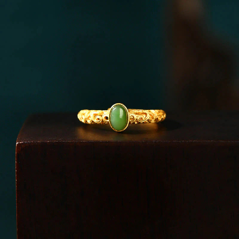 Buddha Stones Auspicious Cloud Pattern Cyan Jade Luck Adjustable Ring