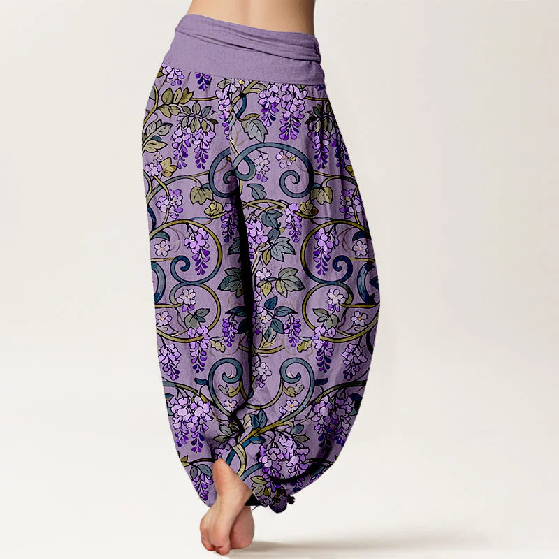 Buddha Stones Pure Cotton Retro Gorgeous Wisteria Women's Elastic Waist Harem Pants