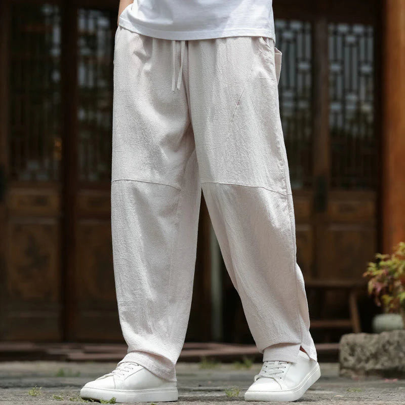 Buddha Stones Solid Drawstring Men's Elastic Waistband Cotton Linen Pants With Pockets